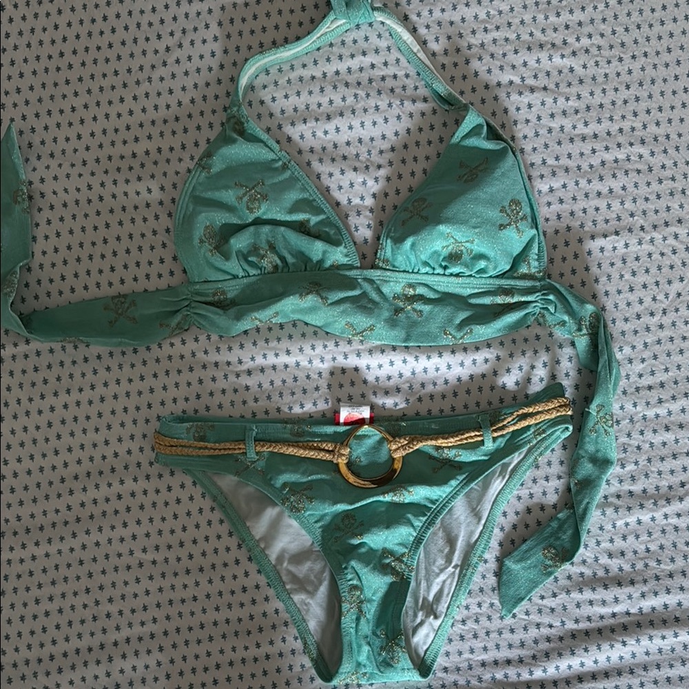 Hot Kiss light blue and Gold Bikini Set with Halter Top